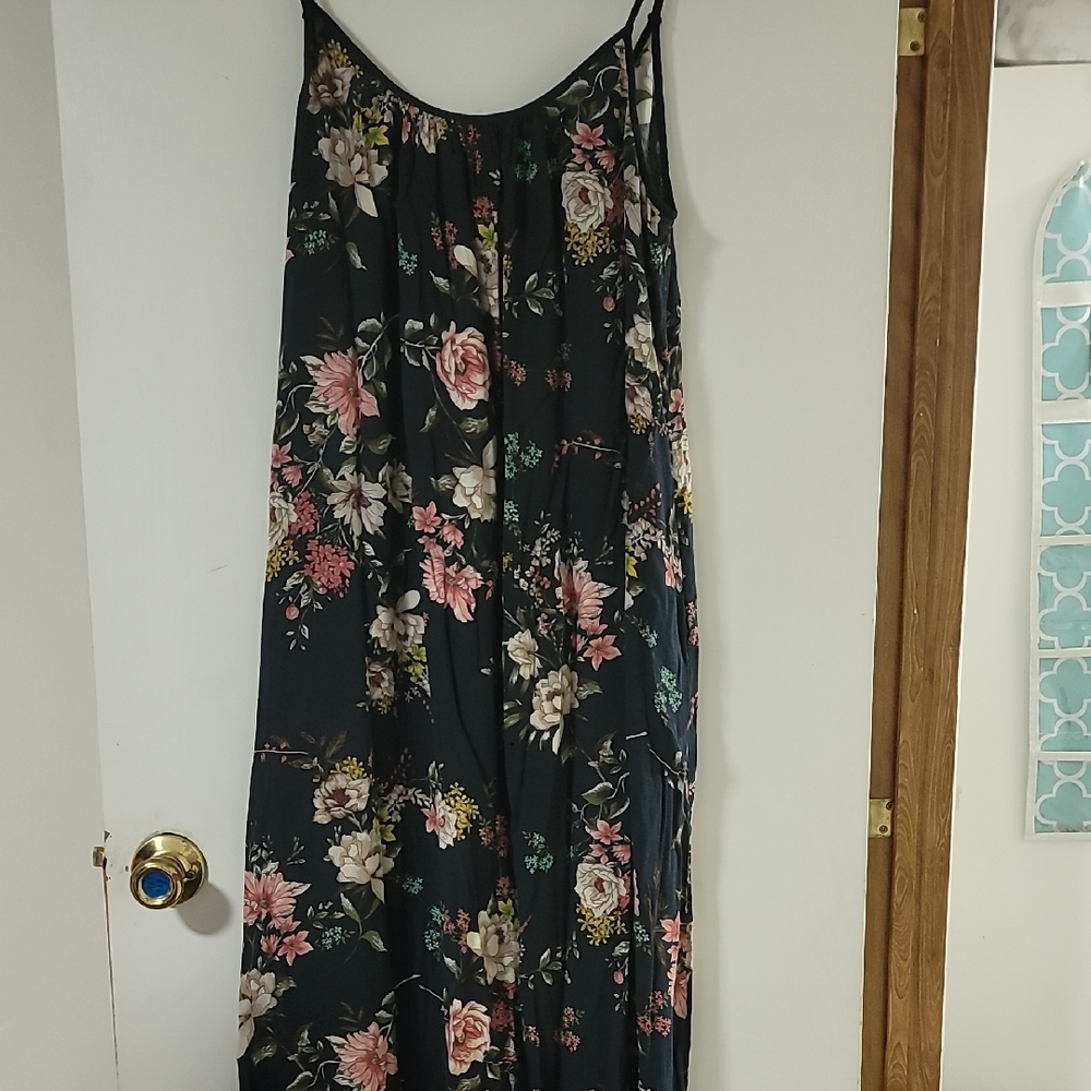 Xhilaration Black Maxi Slip Dress with Pink and Cream Floral Print